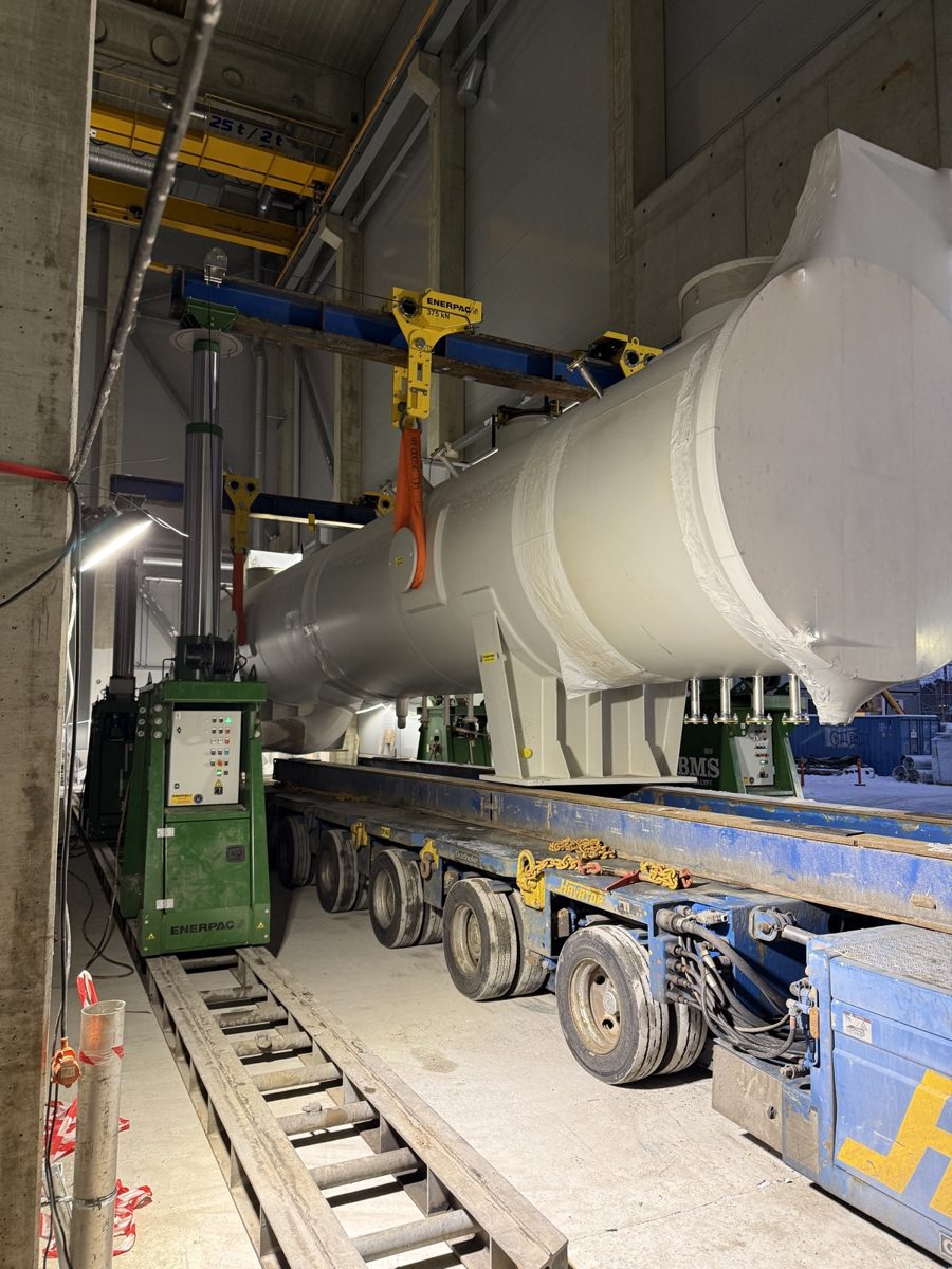 Heavy equipment being moved into place at the Helen heat pump site, Helsinki